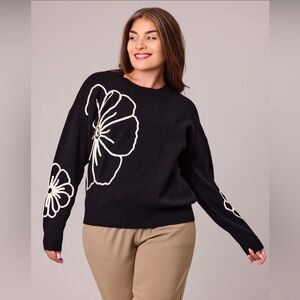 Woman’s Magaschoni Black Sweater with Cream Floral Design Classy Chic